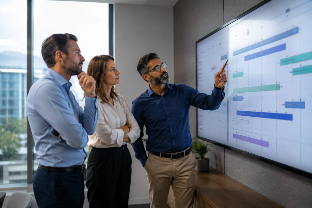 reviewing-a-product-roadmap-on-a-large-wall-display