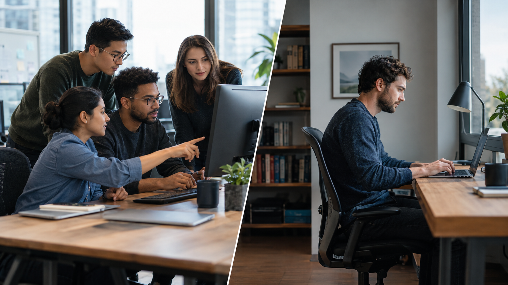 Comparison of a dedicated development team working together and an individual freelance developer working alone