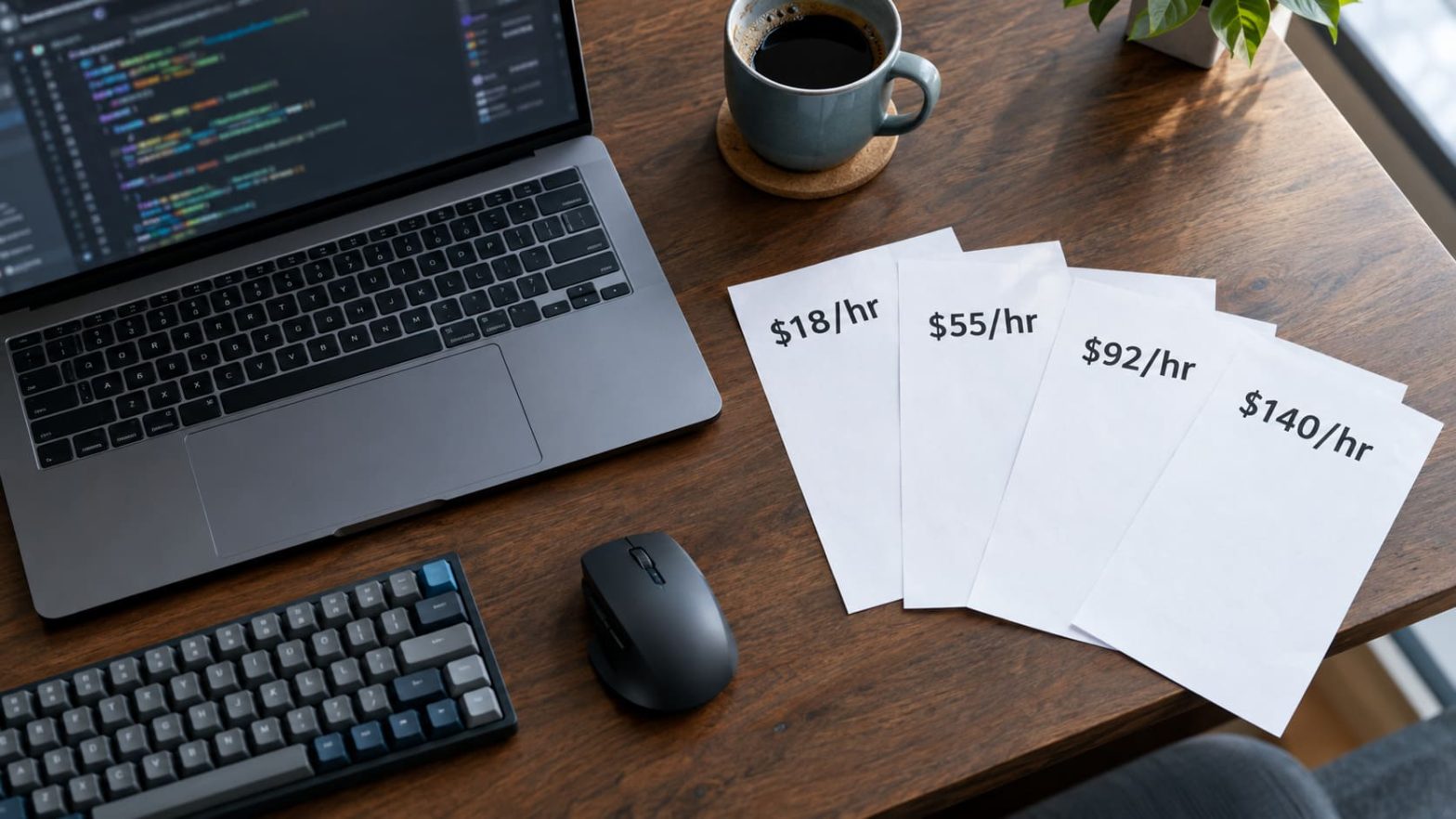 Four price tags of different heights representing employee wage, fully loaded cost, and Asia and Europe vendor rates for developers