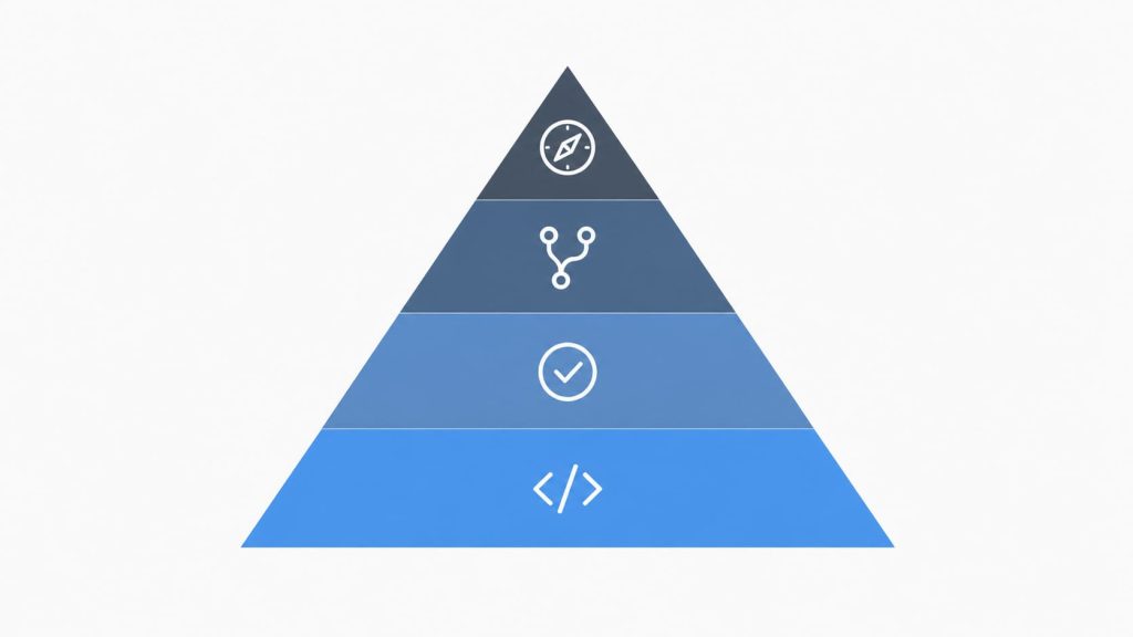 Four-tier pyramid diagram with code-bracket icons representing junior, mid-level, senior, and tech lead developer responsibility levels