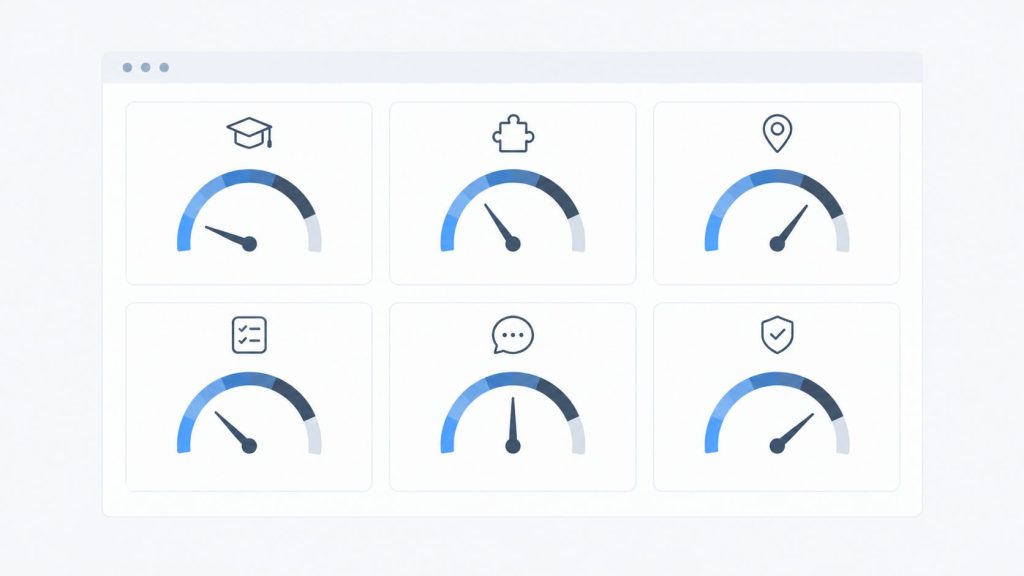 Six gauge dials on an engineering dashboard screen representing the six factors that drive developer rate differences
